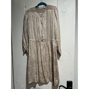 Vintage Frank Young Dress 100% Silk Paisley Long Sleeve 10 Silver Secretarial